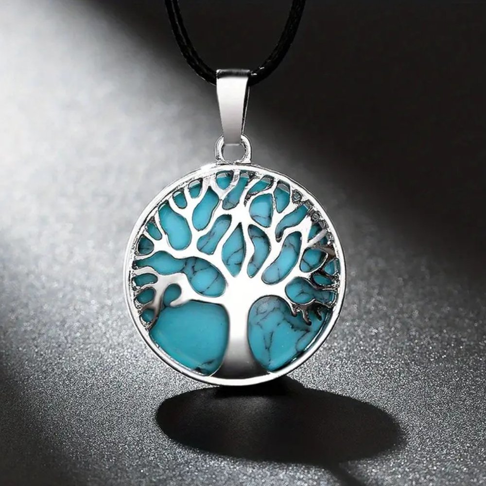Natural Gemstone Tree Of Life Blue Howlite Round Pendant Gemstone Necklace - Picture 2 of 2
